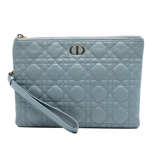 Dior medium calfskin Cannage Caro daily pouch in blue, featuring quilted design and gold-tone hardware.