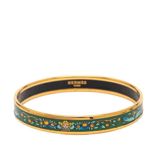 Hermès narrow enamel fruits cloisonné bangle with colorful fruit designs and gold-tone accents, stylish jewelry accessory.