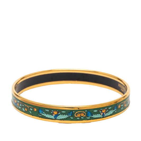 Hermès narrow enamel cloisonné fruits bangle bracelet with colorful fruit motifs and gold accents.