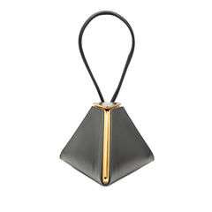 Black Bottega Veneta calfskin pyramid handbag with top handles and signature woven design, stylish and luxurious for everyday or special occasions.