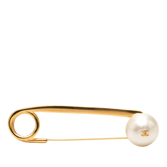 CC Gold Plated Faux Pearl Safety Pin Brooch Gold - Lab Luxury Resale