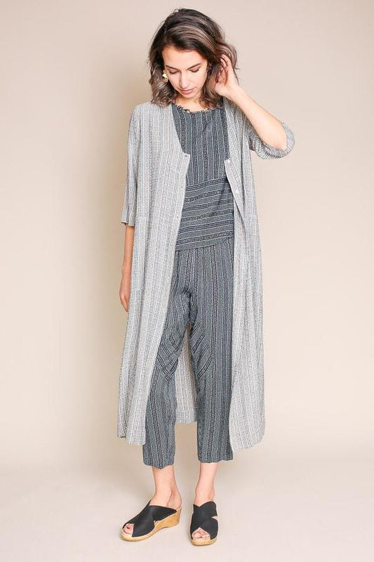 Raquel Allegra grey stripe duster dress in cream, size XS, flowing lightweight clothing with long sleeves and a relaxed fit.