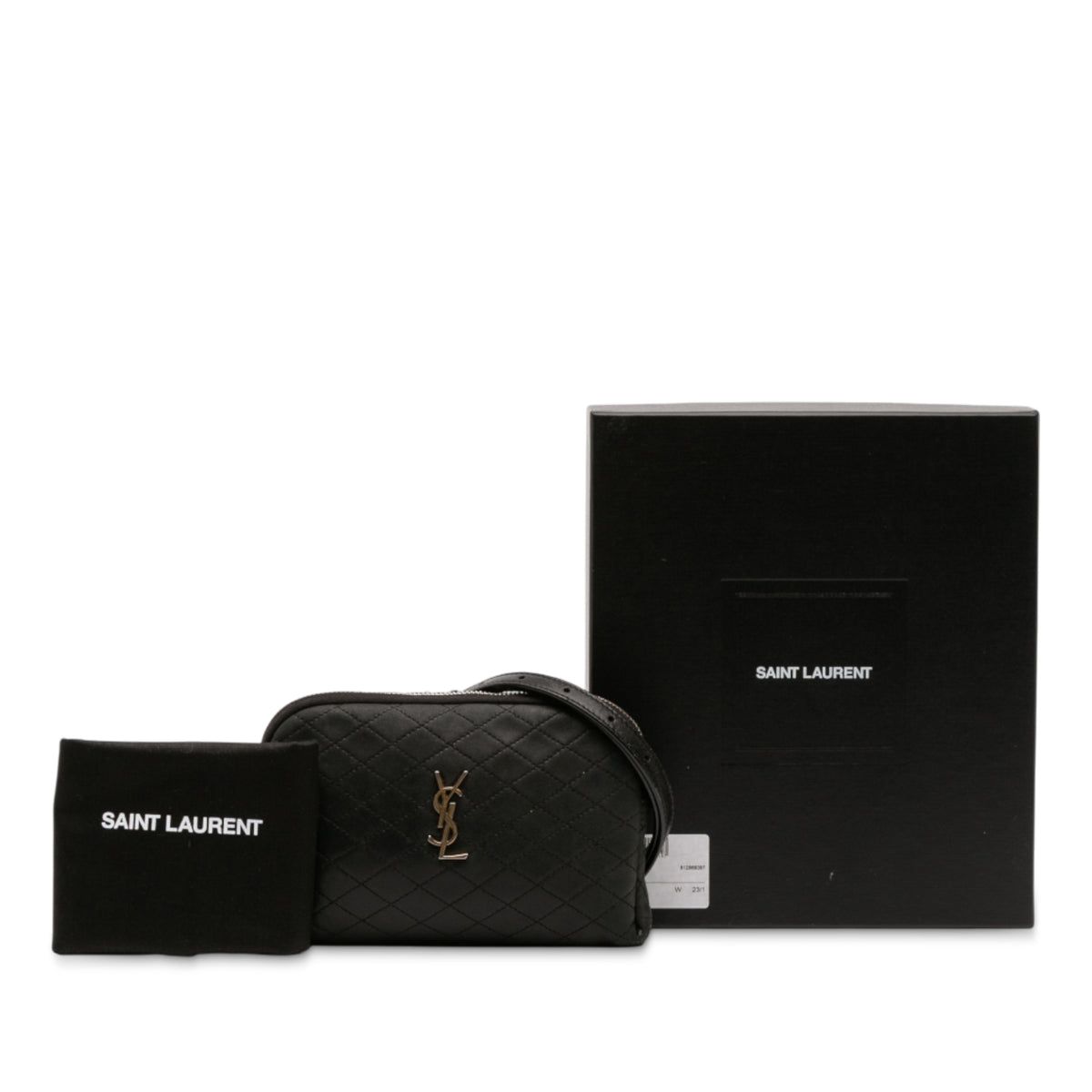 Black Saint Laurent mini quilted lambskin Gaby zippered pouch with gold-tone hardware, compact bag for essentials.