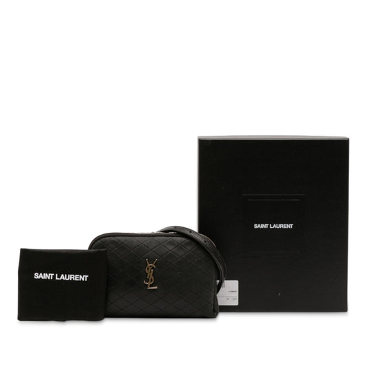 Black Saint Laurent mini quilted lambskin Gaby zippered pouch with gold-tone hardware, compact bag for essentials.