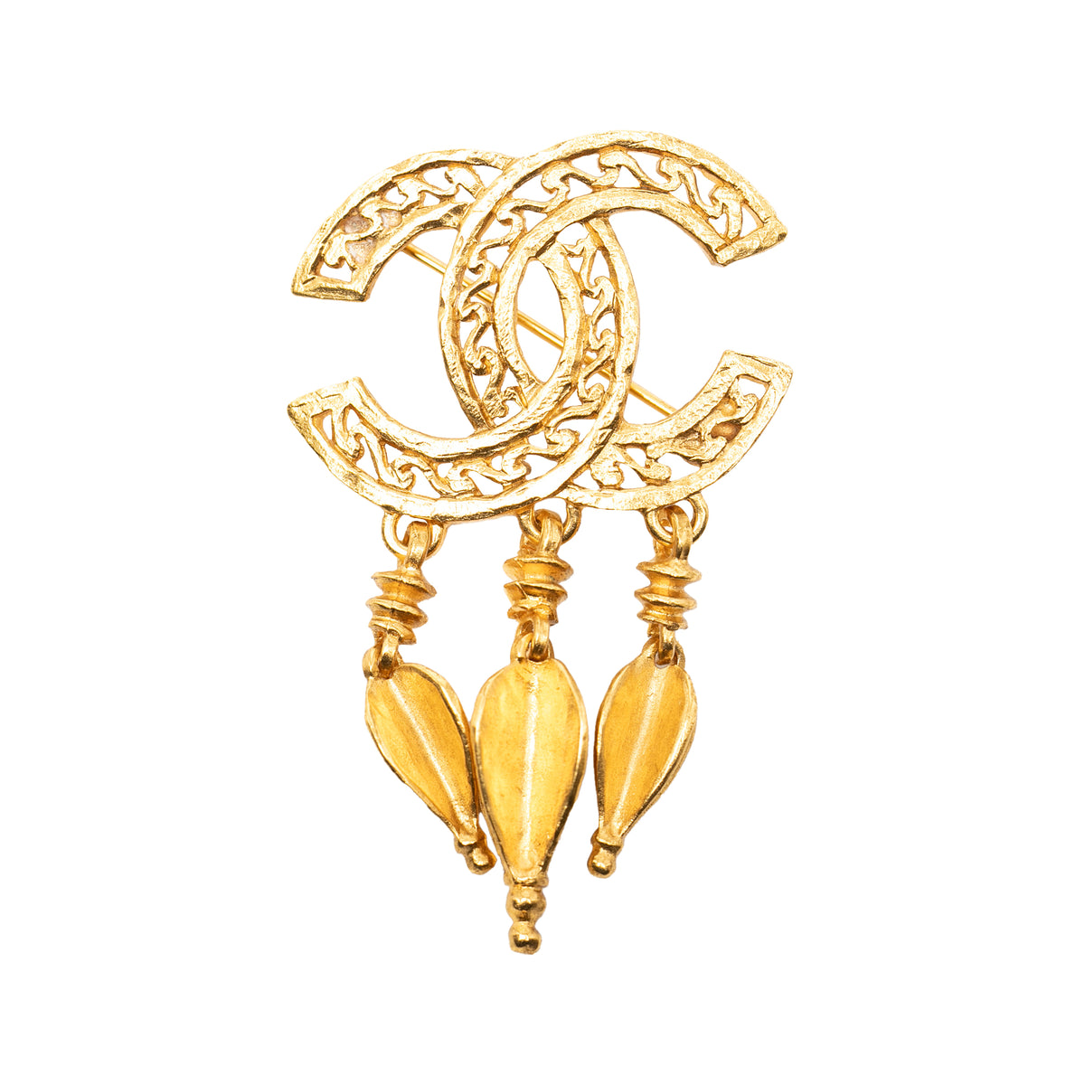 Chanel CC gold plated filigree jewelry brooch pin with intricate design and elegant craftsmanship.