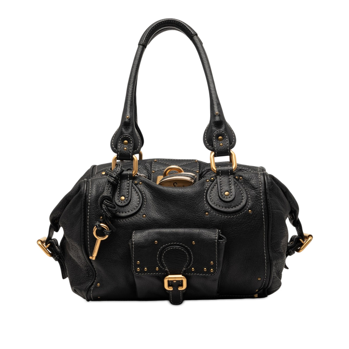 Chloé Leather Paddington shoulder bag in black with structured design and top handles, showcasing its elegant craftsmanship.