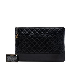 Pre-owned black Chanel Gabrielle calfskin clutch bag with gold hardware, large aged leather design and signature Chanel style.