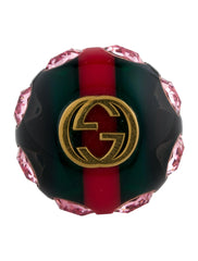 Gucci Logo Resin Crystal Embellished Gold Tone Cocktail Ring Size Medium