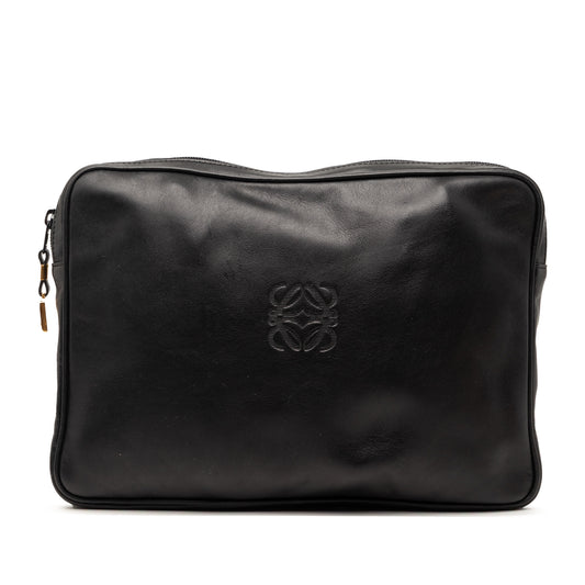 Black LOEWE Leather Anagram Clutch bag with sleek design and textured leather surface.