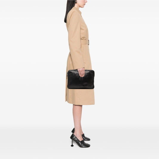 Black LOEWE leather Anagram clutch bag with sleek design and detailed logo accents.