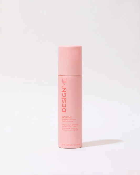 DESIGNME HOLD.ME three-way hairspray travel size 69ml, with spray nozzle and packaging, suitable for hair styling.