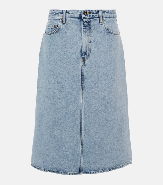 Toteme organic cotton denim skirt size 44/14, showing front view with classic blue wash and high-waisted design.
