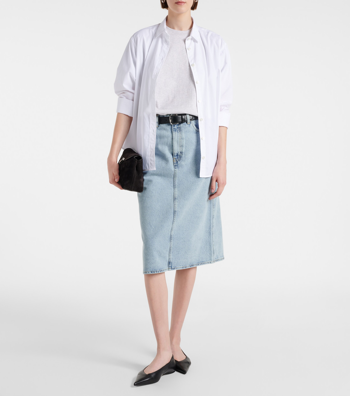 Toteme organic cotton denim skirt in size 44/14, shown in image with a classic blue wash and tailored fit.