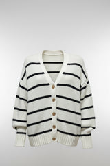 Jenni Kayne striped cardigan, lightweight knit sweater with horizontal white and neutral-colored stripes, casual and stylish clothing.