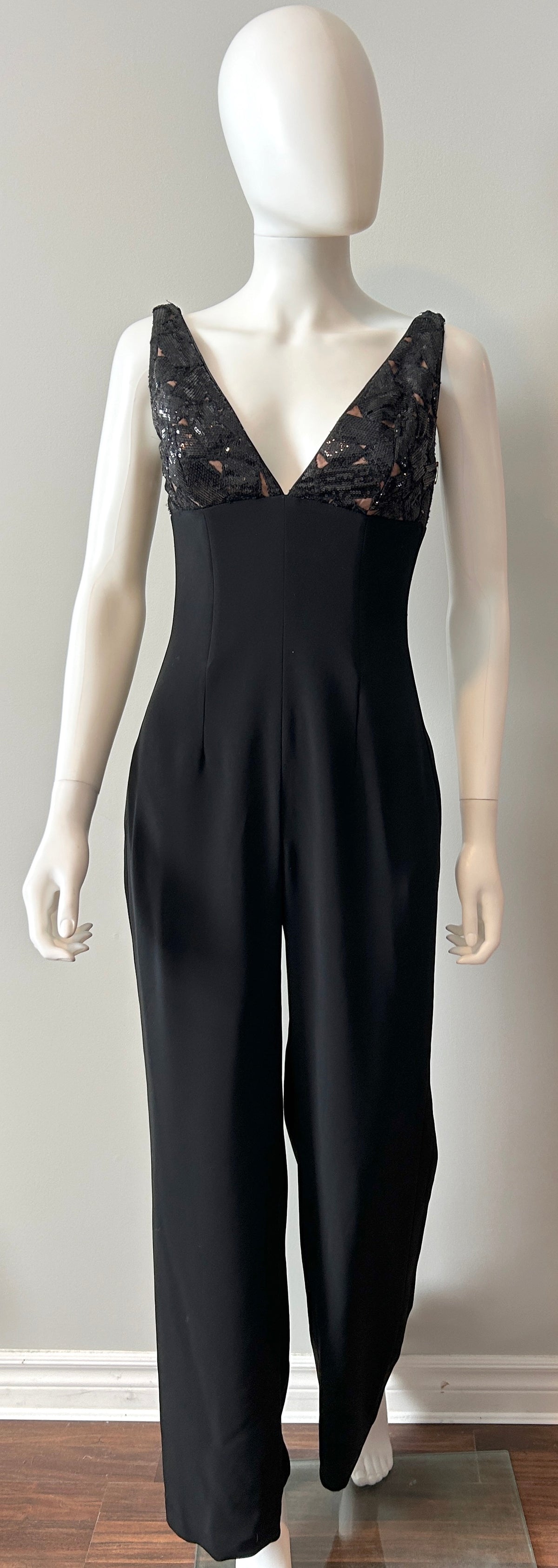 Wayne Clark vintage evening tuxedo jumpsuit in size 2, stylish black formal clothing with tailored fit and classic lapel details.