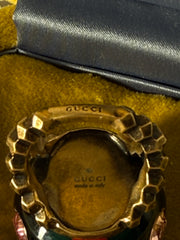 Gucci Logo Resin Crystal Embellished Gold Tone Cocktail Ring Size Medium