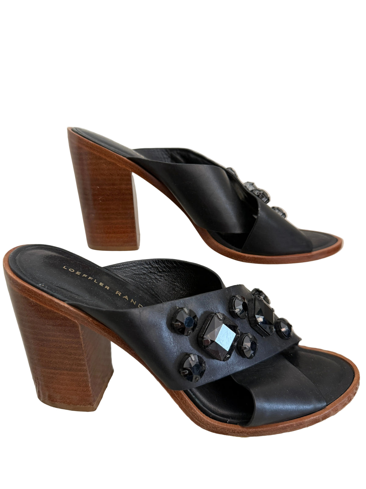 Loeffler Randall black mule shoes with gem embellishments, size 8, featuring a sleek design and pointed toe.