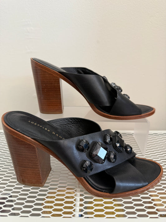 Loeffler Randall black mule shoes with gem embellishments, size 8, featuring a sleek design and pointed toe.