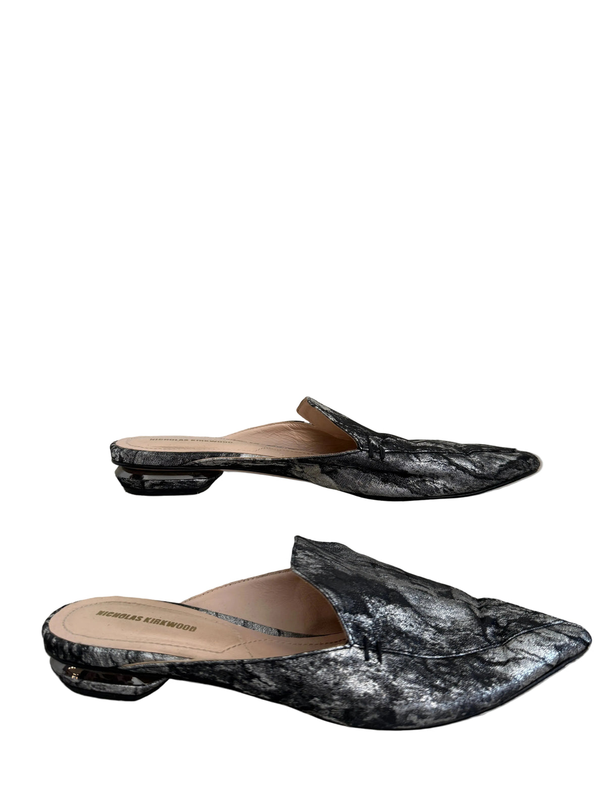 Silver Nicholas Kirkwood flat mule shoes, size 38, with sleek design and pointed toe, displayed on neutral background.