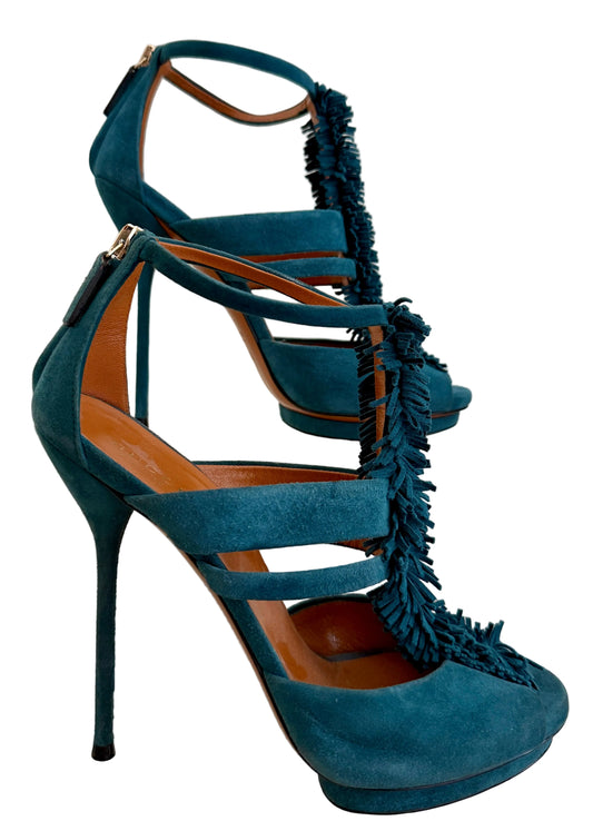 Gucci Petroleum Teal suede T-strap sandals with fringed design, size 36.5, featuring a stylish and elegant shoe profile.