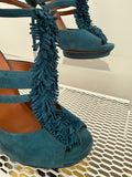 Gucci Petroleum Teal Suede Fringed T-Strap Sandals Size 36.5