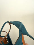 Gucci Petroleum Teal Suede Fringed T-Strap Sandals Size 36.5