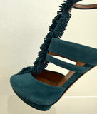 Gucci Petroleum Teal Suede Fringed T-Strap Sandals Size 36.5