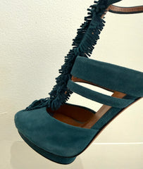 Gucci petroleum teal suede T-strap sandals with fringe detailing, size 36.5, stylish and elegant footwear.