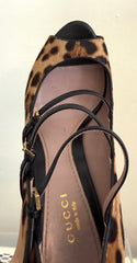 Gucci Lisbeth Leopard Pony Pumps size 37, stylish women's shoes with leopard print and sleek design.