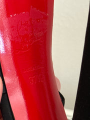 Christian Louboutin satin bow slingback disco Noeud platform sandals in size 37.5 with red sole and elegant design.