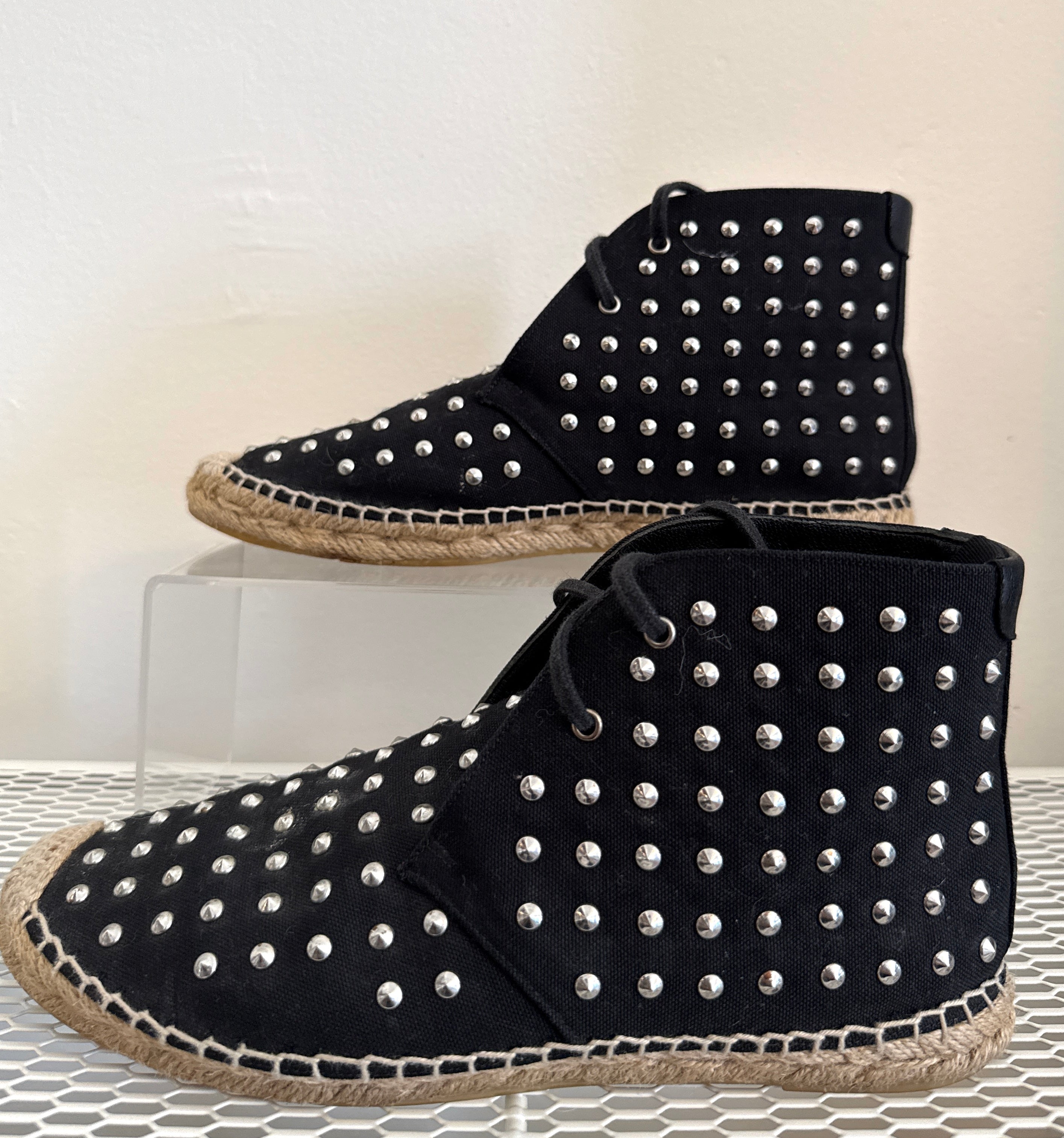Yves Saint Laurent espadrille stud ankle boots in size 37.5, featuring a stylish design with stud embellishments and a comfortable sole.