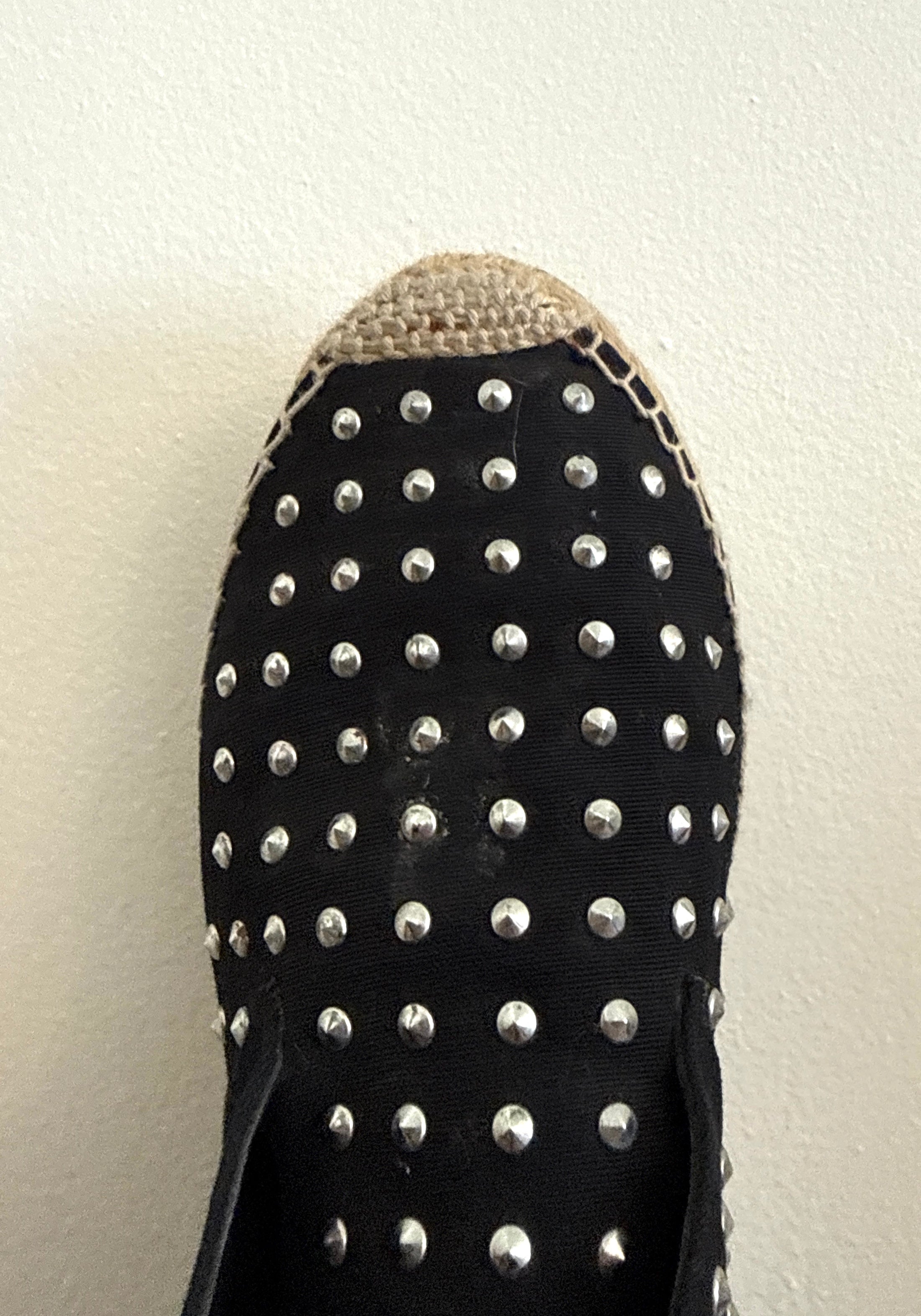 Yves Saint Laurent espadrille stud boots in size 37.5, featuring black leather with studded details and classic espadrille soles.