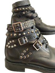 Yves Saint Laurent Ranger Stud Boot with wrap straps in size 37.5, showcasing black leather shoes with studded detailing.