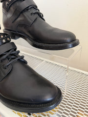 Yves Saint Laurent Ranger Stud Boot in size 37.5 with wrap straps, black leather ankle shoes with studded detailing.