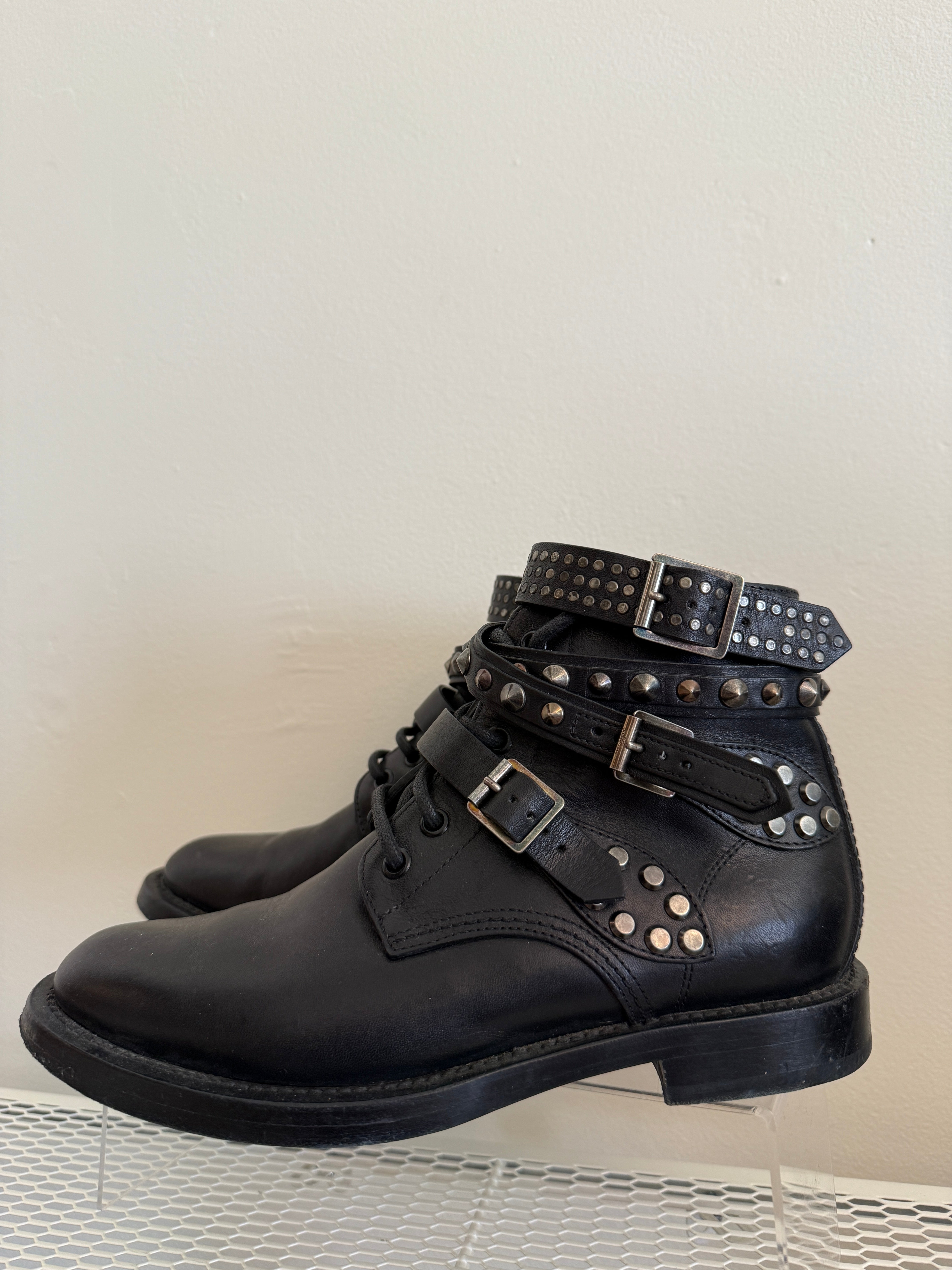 Yves Saint Laurent Ranger Stud Boot with wrap straps, size 37.5, black leather shoes with metal stud details.