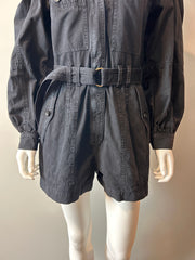 Ulla Johnson black denim romper size 2, women's clothing, front view showing fitted design and scoop neckline.