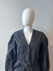 Ulla Johnson black denim romper in size 2, featuring a stylish sleeveless design and fitted waist, perfect for casual wear.