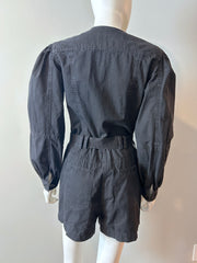 Ulla Johnson black denim romper size 2, stylish sleeveless one-piece clothing with fitted waist and casual cut.