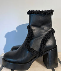 Simon Miller Low Raid black leather ankle boots with shearling trim and side zip, size 40, stylish and durable footwear.