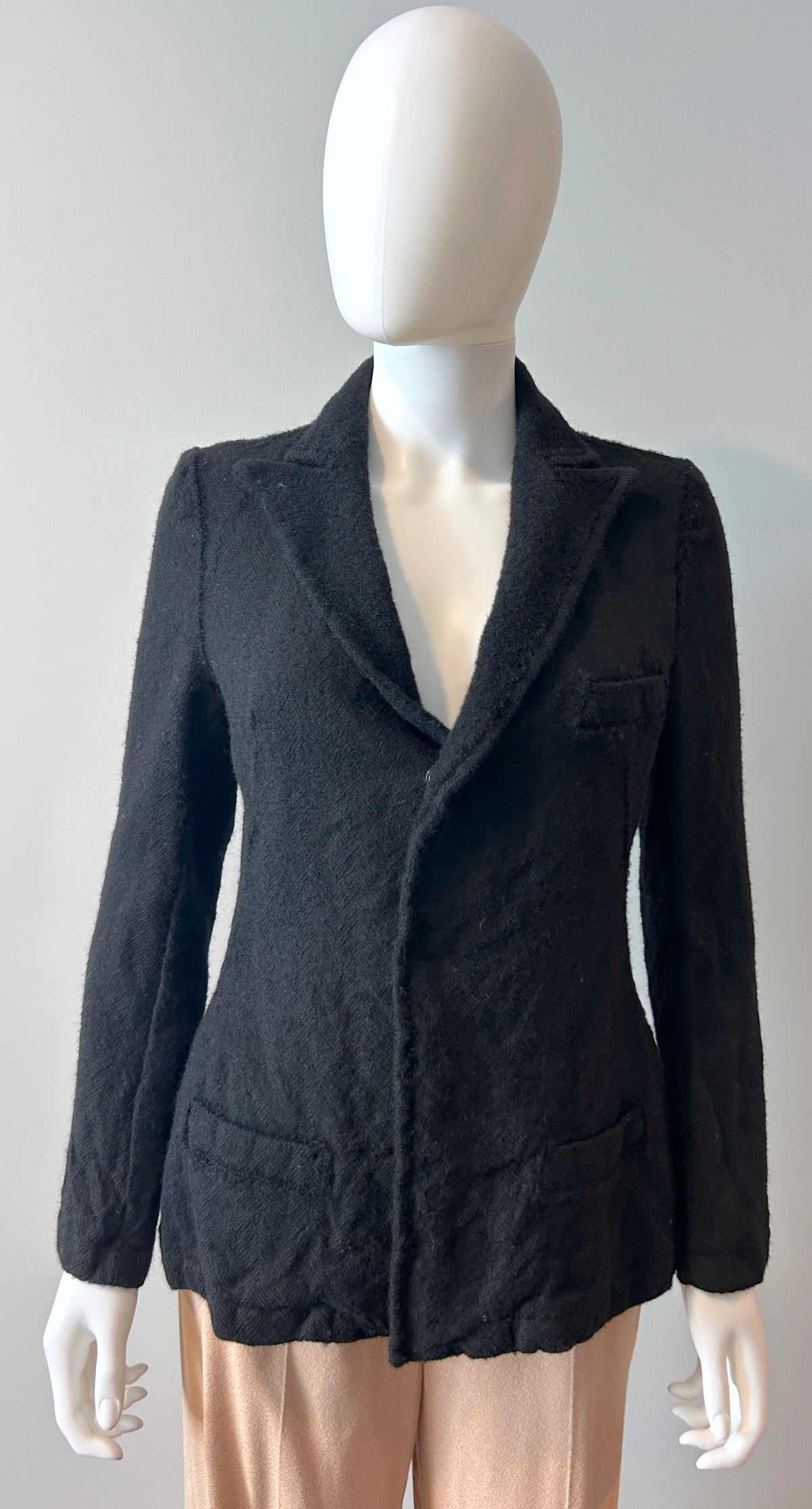 Black wool blazer by Y's by Yohji Yamamoto, size 2, tailored fit with classic lapels and sleek design for sophisticated style.