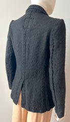 Black wool blazer by Y's Yohji Yamamoto, size 2, tailored fit, shown on a hanger with front view and lapel details.