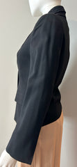 Black Ann Demeulemeester 2-way blazer, size 34/2, tailored fit with sleek lapels and modern style, shown on a hanger.