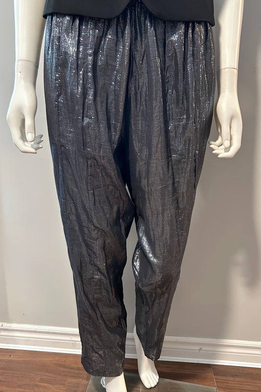 Suzie Kondi Gunmetal Shine Pants in size M/L, stylish metallic clothing with a shiny gunmetal finish, shown on a model.