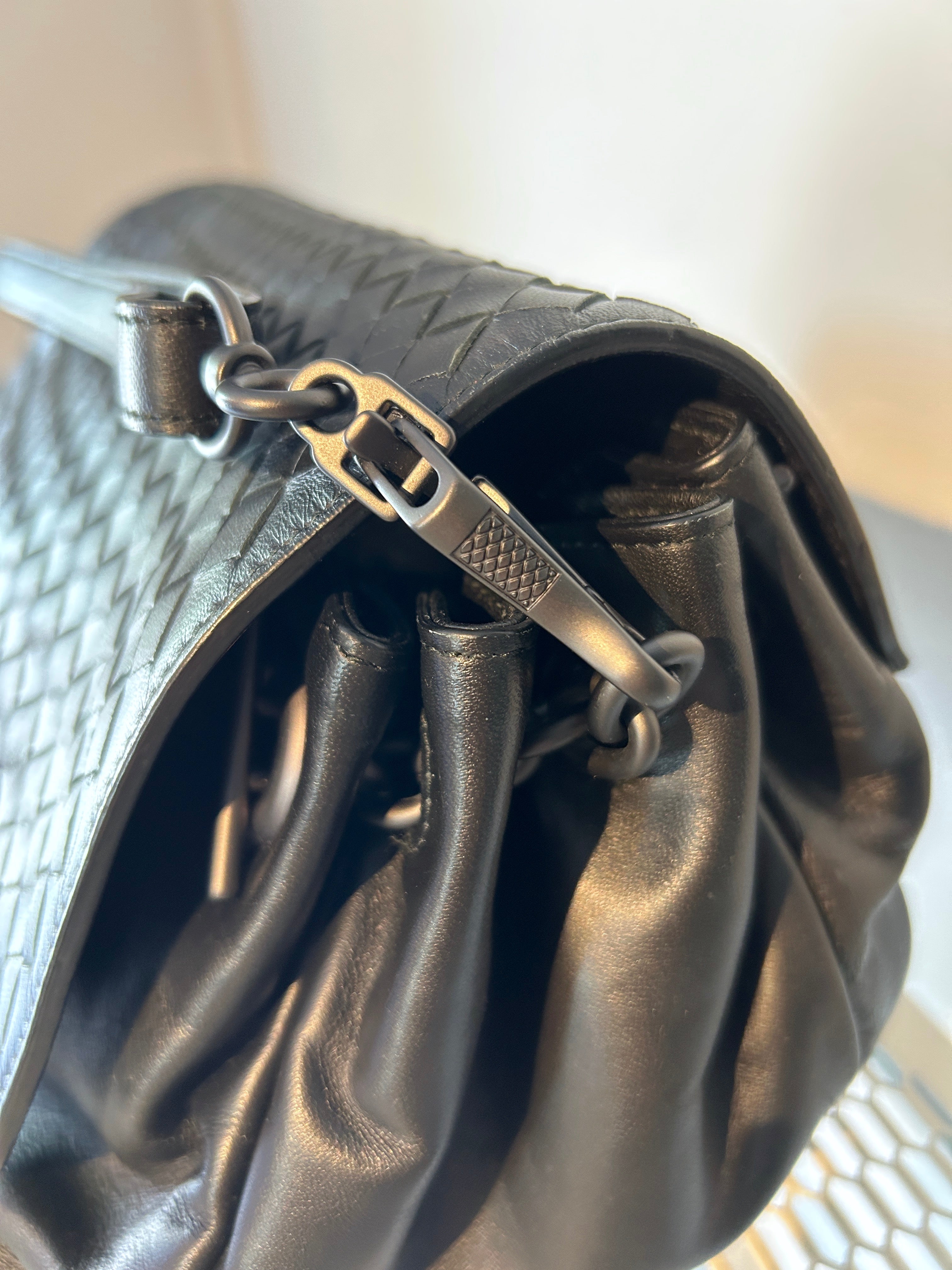 Bottega Veneta Intrecciato Accordion Flap Bag Black with long strap