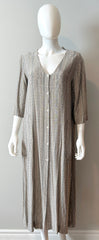 Raquel Allegra grey stripe duster dress in size XS hanging on a hanger, showcasing lightweight fabric and relaxed fit.
