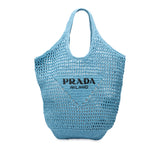 Raffia Effect Crochet Logo Embroidered Shopping Tote Blue - Lab Luxury Resale