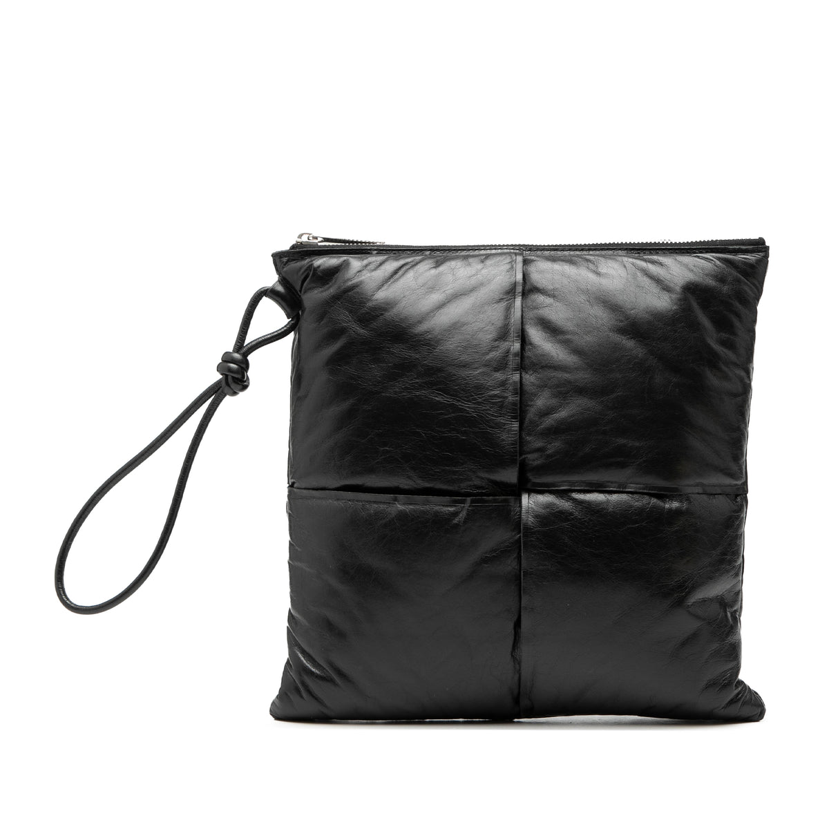Black Bottega Veneta Leather Intrecciato Padded Square Pouch with sleek design and woven leather texture.