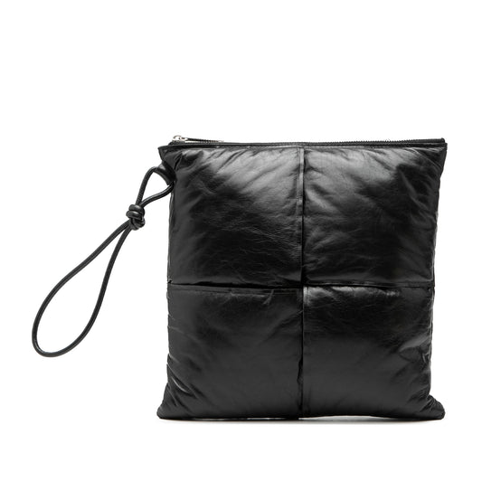 Black Bottega Veneta Leather Intrecciato Padded Square Pouch with sleek design and woven leather texture.