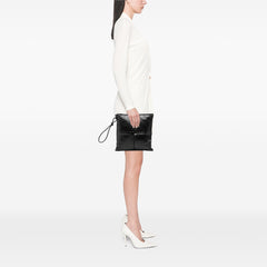 Black Bottega Veneta Leather Intrecciato Padded Square Pouch with woven design and sleek rectangular shape.