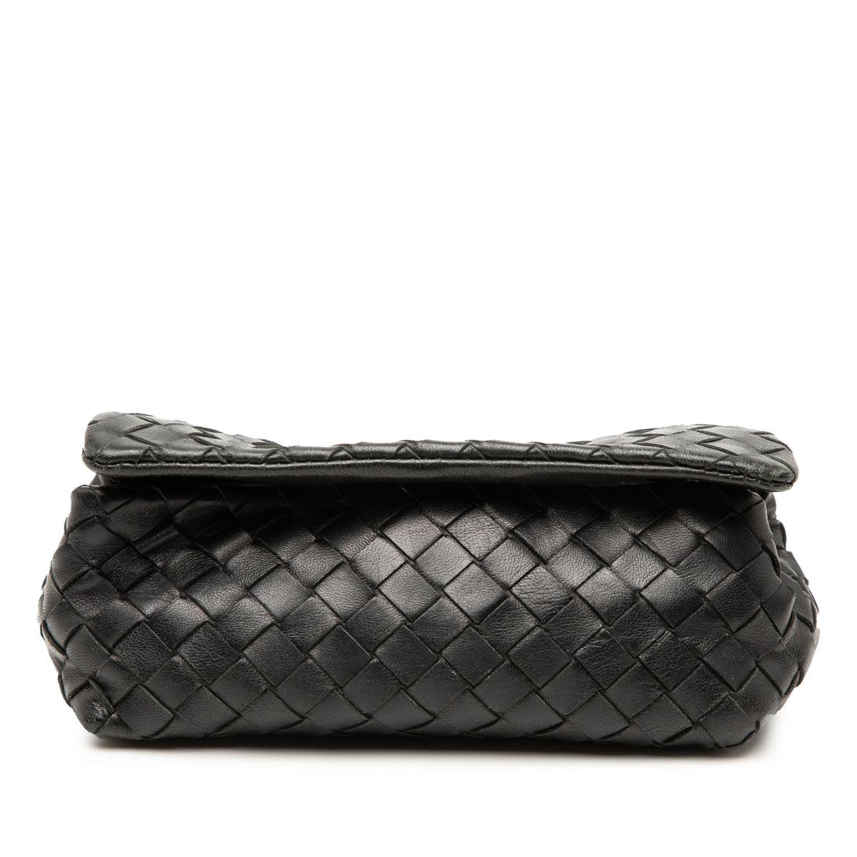 Black Bottega Veneta Intrecciato flap pouch bag with woven leather detail, stylish and compact for everyday use.